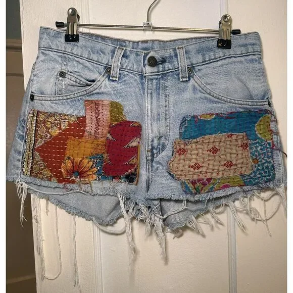 RARE Vintage Levi's Authentic Hippie 60s 70s Patch Cutoff Light Wash Jean Shorts